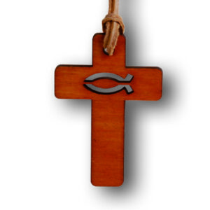Naszyjnik drewniany krzyż – Rybka wycięta