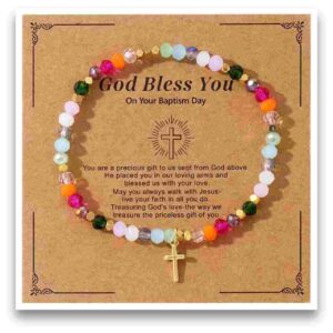 Bransoletka kamienie kolor z krzyżykiem GOD Bless