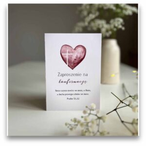 Zaproszenie na konfirmację – serce – różowy